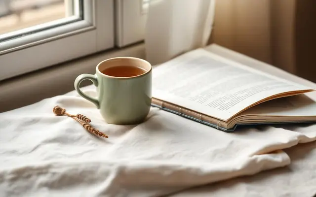 A warm cup of tea beside an open notebook in soft window light